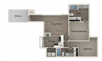 Floor plan for 2 beds, 2 baths, 887 sqft